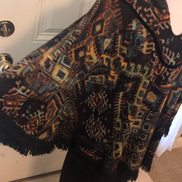 Multi Colored Fringed Hem Poncho Tunic Top - Picture 2 of 4